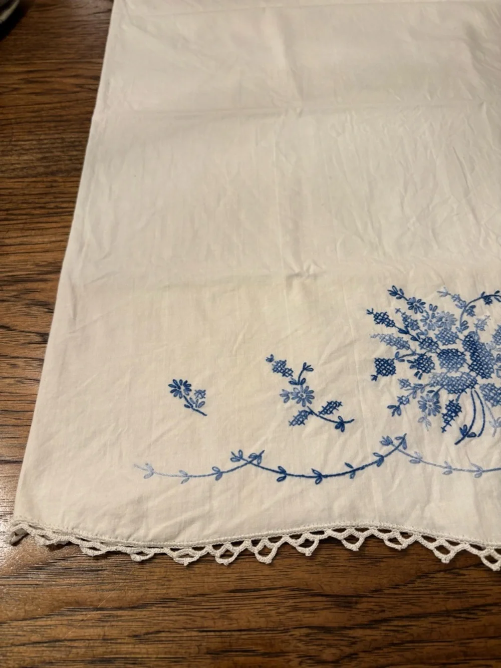 Pair Vintage Hand Embroidered Cotton Pillowcases Blue Floral Cottage Heirloom